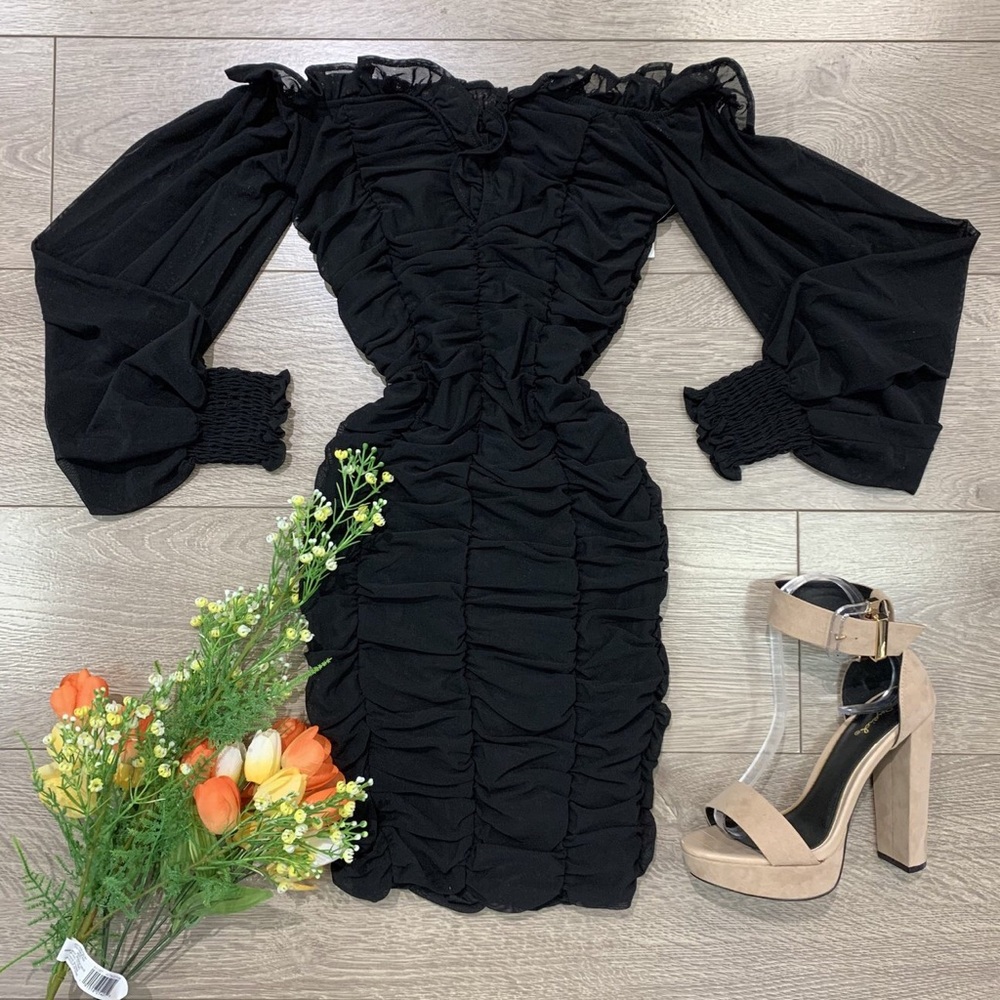 NWT :Off Shoulder Mesh long sleeve Ruched Dress